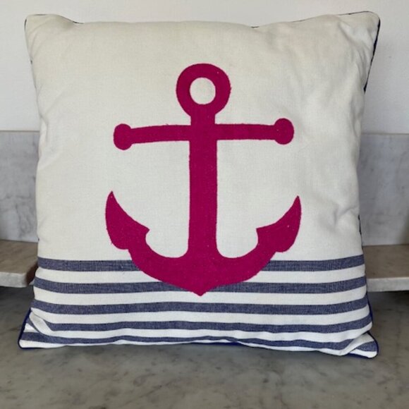 THRESHOLD Pink Embroidered Anchor White Blue Stripe Toss Pillow - Picture 2 of 15